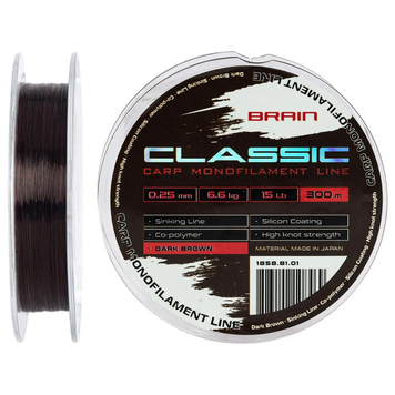 Карповая леска Brain Classic Carp Line 300m 0.33mm 22lb 10.0kg Dark Brown БР-1858.82.07 фото
